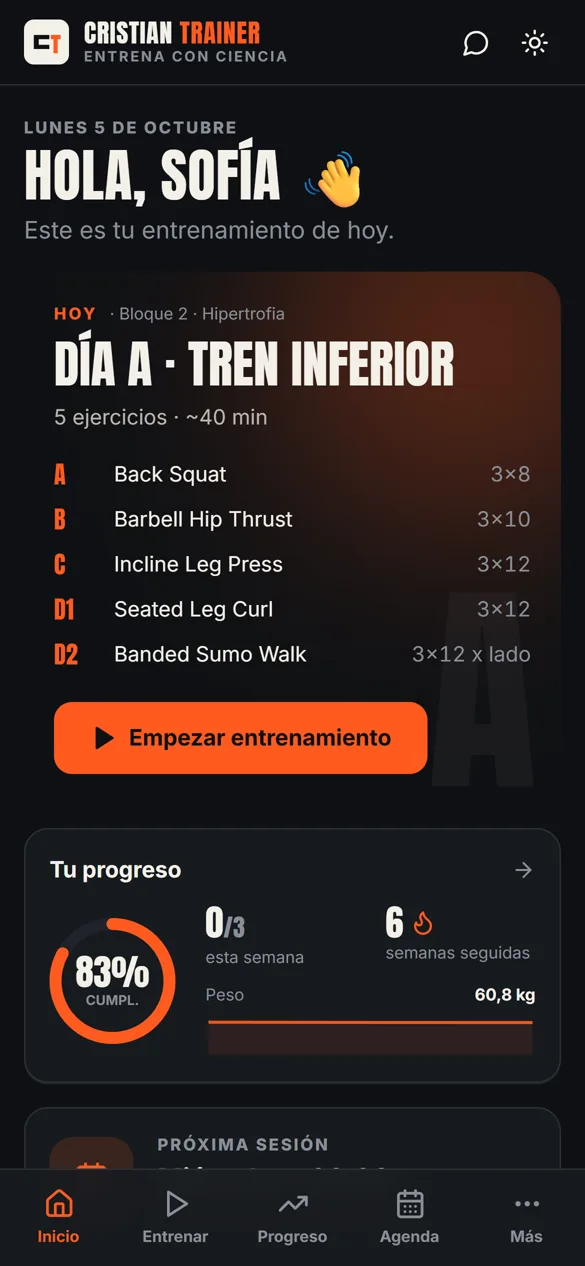Pantalla de inicio de la app con el entrenamiento del día