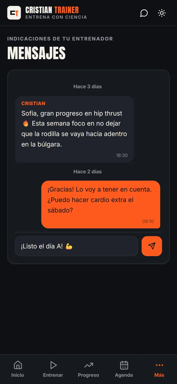 Mensajes entre el alumno y Cristian dentro de la app