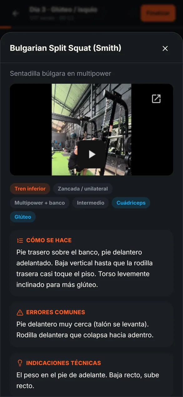 Video del ejercicio Bulgarian Split Squat con indicaciones técnicas